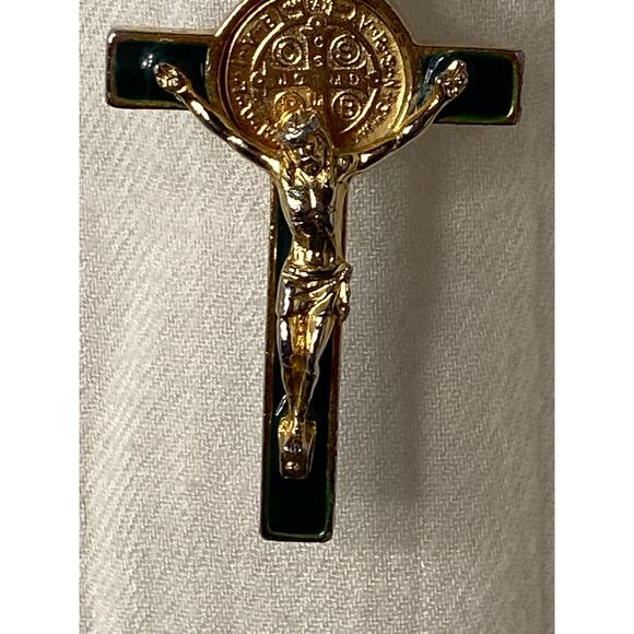 Gold tone St. Benedict Crucifix Pendant Necklace on Heavy Gold tone box chain. - Picture 4 of 16